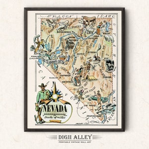 Fun State Map of Nevada – Digital Download PRINTABLE Vintage Pictorial Wall Art Décor Whimsical Cartoon Illustration