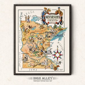 Carte amusante de l'État du Minnesota - Décoration murale vintage imprimable imprimable en téléchargement numérique, Illustration de dessin animé fantaisiste