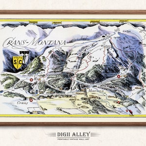 Fun Ski Piste Karte von Crans-Montana in der Schweiz - Digital Download DRUCKBARE Vintage bildliche Illustration Schweizer Alpen
