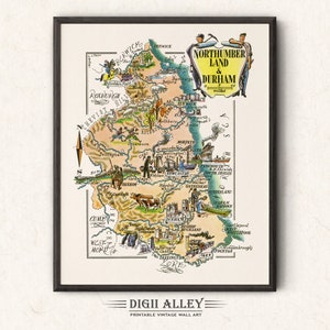 Fun Map of Northumberland Durham in Great Britain, England – Digital Download PRINTABLE Vintage Wall Art Décor Illustration Adventure