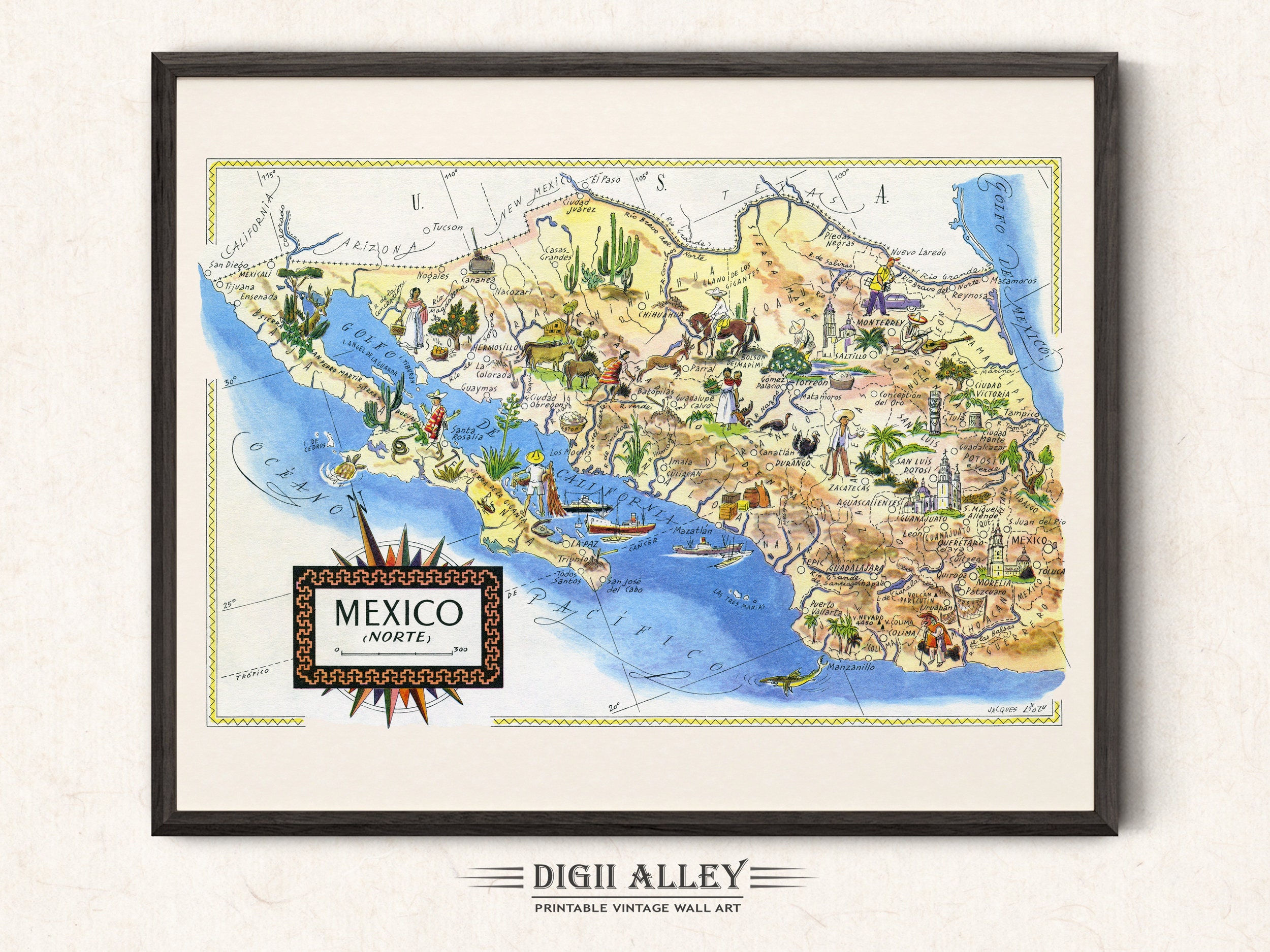 Fun Map of North Mexico Norte – Digital Download PRINTABLE Vintage Wall ...