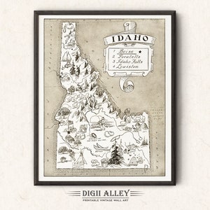 Pictorial State Map of Idaho – Digital Download PRINTABLE Vintage Fun Old Wall Art Décor Whimsical Cartoon Illustration