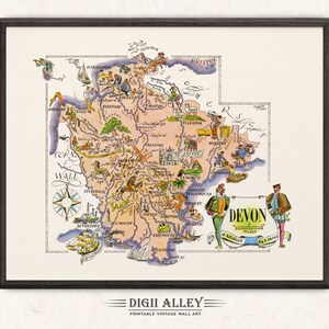 May include: A vintage illustrated map of Devon and Cornwall in England. The map is drawn in a cartoon style with various landmarks and activities depicted. The map is framed in a black frame.