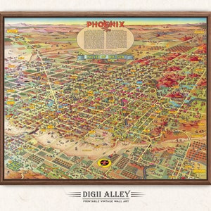 Leuke kaart van Phoenix, Arizona - vallei van de zon – digitale download AFDRUKBARE vintage muurkunst decor grillige cartoon oude illustratie