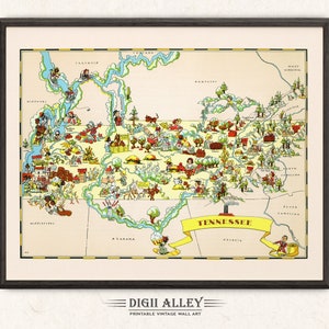 テネシー州の楽しい州地図 - デジタルダウンロード可能 印刷可能 ヴィンテージ 絵画風 古いイラスト 冒険 壁アート 装飾 漫画 ギフト