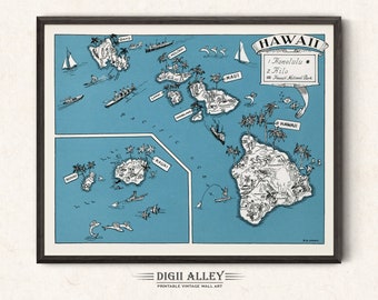 Fun Map of Hawaii – Vintage Pictorial Whimsical Cartoon Print