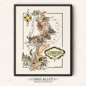 Lustige Karte von Limburg, Niederlande - Digital Download DRUCKBARE Vintage Wand Kunst Dekor Wunderliche Cartoon Illustration Abenteuer