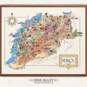 Mapa divertido do norte da África de Marrocos - Download digital IMPRIMÍVEL Ilustração pictórica antiga vintage Arte de parede africana Presente Mapa de viagem e aventura