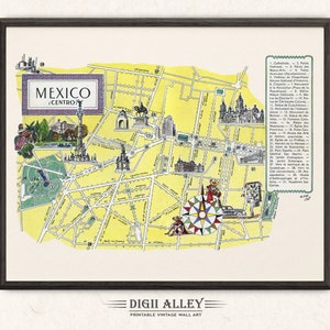 Mapa divertido da Cidade do México – Download digital IMPRIMÍVEL Arte de parede vintage Decoração Caprichosa Ilustração de desenho animado antigo Aventura Presente Viagem