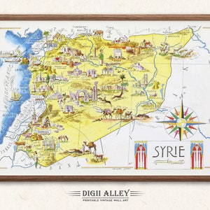 Mapa antigo da Síria no Oriente Médio – Download digital IMPRIMÍVEL Vintage Pictorial Cartoon Ilustração Arte de parede Decoração Terra Santa