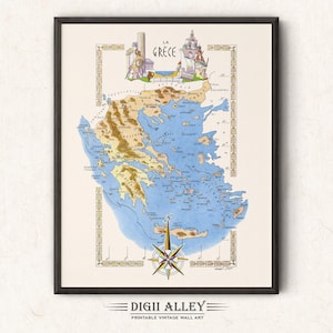 Lustige Karte von Griechenland - digitaler Download DRUCKBARE Vintage bildliche Illustration griechische Wand Kunst Dekor Reise Abenteuer Karte