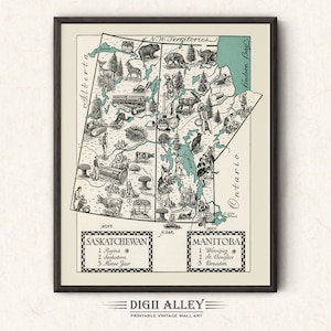 Mapa de Saskatchewan y Manitoba, Canadá – Descarga digital imprimible. Arte mural pictórico vintage divertido. Ilustración de dibujos animados caprichosos.