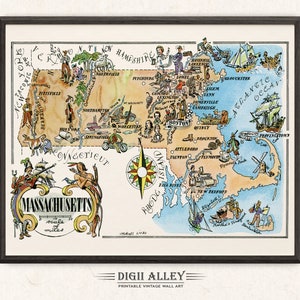 Carte amusante de l'État du Massachusetts - téléchargement numérique, décoration murale picturale imprimable, art mural vintage, illustration de dessin animé fantaisiste