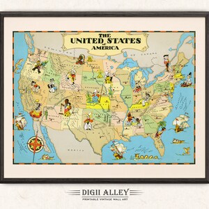 Lustige Landkarte von USA - digitaler Download DRUCKBARE Vintage bildliche alte Illustration Abenteuer Wand Kunst Dekor Cartoon Geschenk