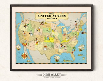 【1950s60s USA vintage】アメリカ 地図 州 アート オブジェ Vintage Map of United States – Fun Pictorial Whimsical Cartoon