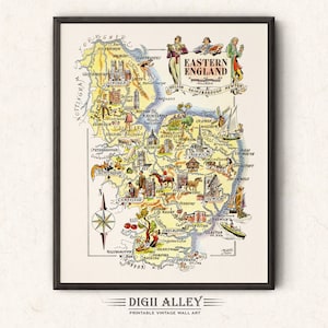 Leuke kaart van Oost-Engeland in Groot-Brittannië, Engeland, VK – digitale download AFDRUKBARE vintage muurkunst decor illustratie avontuur