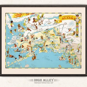 Carte amusante de l'État de l'Alaska – téléchargement numérique, vintage, imprimable, image ancienne, illustration, aventure, art mural, décoration, dessin animé, cadeau