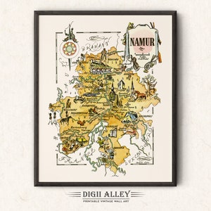 Zabawna mapa Namur, Belgia – cyfrowe pobieranie DO DRUKU Vintage Pictorial Wall Art Décor Fantastyczna ilustracja z kreskówek Przygoda