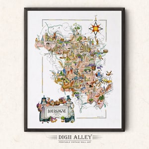 Carte amusante de la Bourgogne, une province française, France - Illustration picturale vintage imprimable, téléchargement numérique, décoration d'art mural aventure