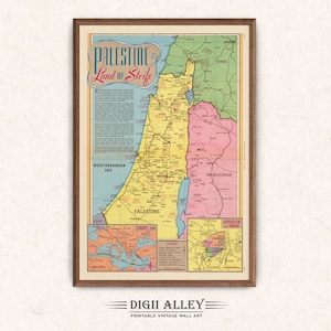 Mapa antiguo de Palestina en Oriente Medio: descarga digital, ilustración pictórica vintage imprimible, decoración de pared, Tierra Santa