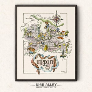 Leuke kaart van Utrecht, Nederland – digitale download AFDRUKBARE vintage muurkunst decor grillige cartoon illustratie avontuur
