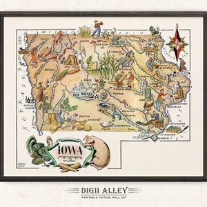 Fun State Map of Iowa – Digital Download PRINTABLE Vintage Pictorial Wall Art Décor Whimsical Cartoon Illustration