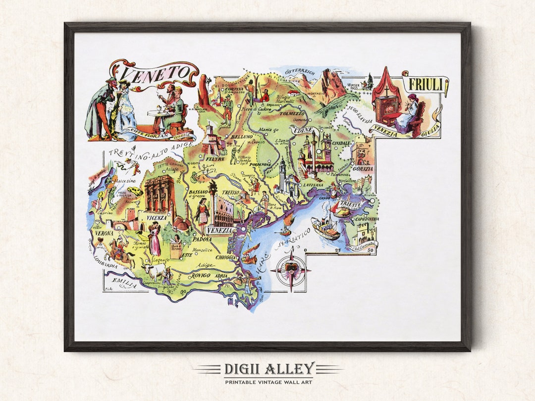 Fun Map of Italy Veneto – Digital Download PRINTABLE Vintage Pictorial ...