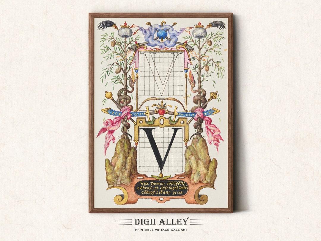 Letter V Calligraphy Alphabet Printable Digital Download, Vintage