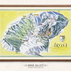 Ski Weg Karte von Arosa in der Schweiz - Digital Download DRUCKBARE Vintage bildliche Illustration Schweizer Alpen Wandkunst