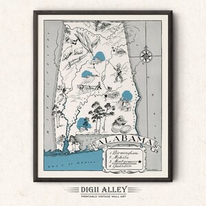 Pictorial Map of Alabama – Digital Download PRINTABLE Vintage Fun Old Wall Art Décor Whimsical Cartoon Illustration Gift