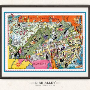 Carte amusante de l'État de Pennsylvanie et du New Jersey - Art mural aventure vintage imprimable en téléchargement numérique, image ancienne, illustration