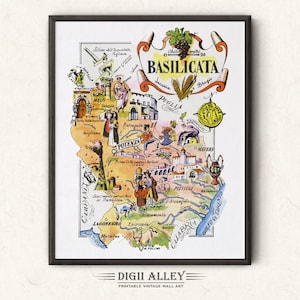 イタリア・バジリカータ州の楽しい地図 - デジタルダウンロード可能 印刷可能なヴィンテージ絵入り古イラスト イタリアの壁アートギフト 旅行 冒険地図