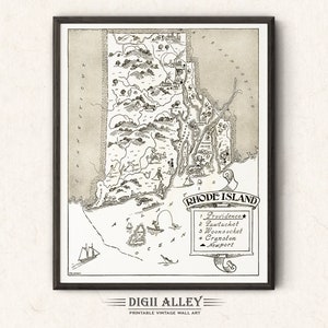 Carte illustrée de l'État du Rhode Island - Décoration vintage amusante imprimable en téléchargement numérique, Illustration de dessin animé fantaisiste
