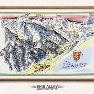 Fun Ski Loipe Karte von Zermatt in der Schweiz - Digital Download DRUCKBARE Vintage bildliche Illustration Schweizer Alpen Ski Rune