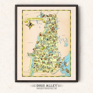 ニューハンプシャー州の楽しい州地図 - デジタルダウンロード印刷可能ヴィンテージ絵画古いイラストアドベンチャー壁アート装飾漫画