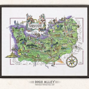 Karte der Normandie, einer französischen Provinz, Frankreich - Digitaler Download DRUCKBARE Vintage bildliche Illustration Abenteuer Wand Kunst Dekor