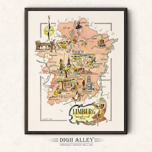Zabawna mapa Limburgii w Belgii – cyfrowe pobieranie DO DRUKU Vintage Pictorial Wall Art Décor Fantastyczna ilustracja z kreskówek Przygoda