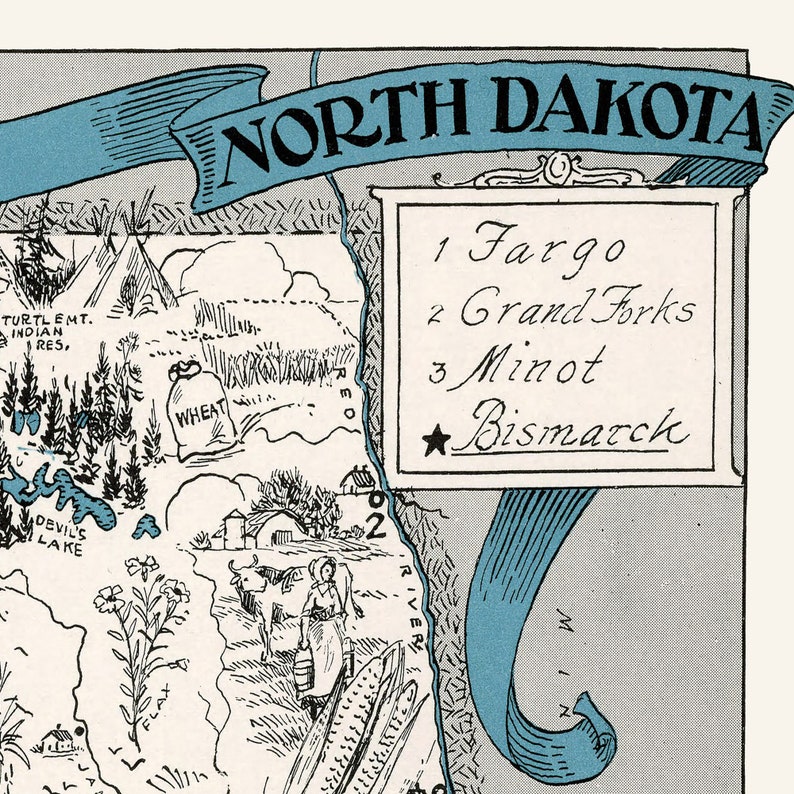 Pictorial Map of North Dakota Digital Download PRINTABLE - Etsy