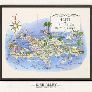 Spaß Karte von Haiti - Dominikanische Republik in der Karibik digitaler Download DRUCKBARE Vintage-Wand-Kunst-wunderliche Illustration Abenteuer