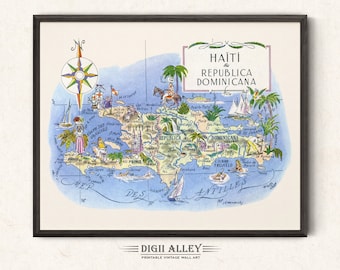 Fun Map of Haiti - Dominican Republic in the Caribbean Digital Download PRINTABLE Vintage Wall Art Whimsical Illustration Adventure