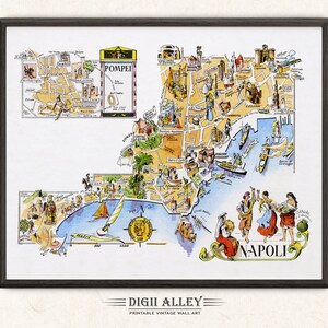 イタリアのナポリとポンペイの楽しい地図 - デジタルダウンロード印刷可能なヴィンテージの絵入り古いイラストイタリアの壁アートギフト旅行アドベンチャーマップ