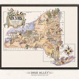 Carte amusante de l'État de New York - Décoration murale vintage imprimable imprimable en téléchargement numérique, Illustration de dessin animé fantaisiste