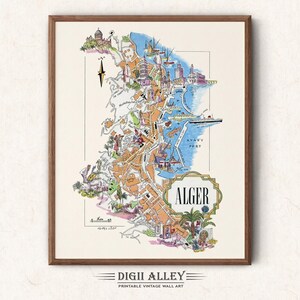 Fun Map of Algiers North Africa – Digital Download PRINTABLE Vintage Pictorial Old Illustration African Wall Art Gift Travel Adventure Map