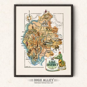 Lustige Karte des Seenplatte in Großbritannien, England, UK - Digital Download DRUCKBARE Vintage Wand-Kunst-Dekor-Illustration Abenteuer