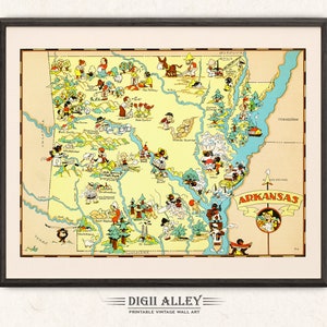 Carte amusante de l'État de l'Arkansas – téléchargement numérique, vintage, imprimable, image, vieille illustration, aventure, mur, art, décoration, dessin animé, cadeau