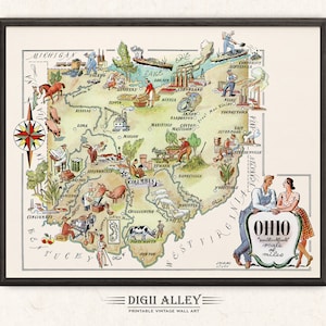 Mapa divertido do estado de Ohio – Download digital IMPRIMÍVEL Vintage Pictorial Wall Art Décor Whimsical Cartoon Illustration