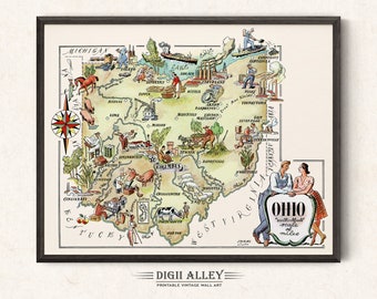 Fun State Map of Ohio – Vintage Pictorial Whimsical Cartoon Print