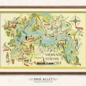 May include: A vintage illustrated map of Vierwaldstättersee, a lake in Switzerland. The map features a yellow background with blue water and green mountains. The map is surrounded by a brown frame. The text "Vierwaldstätter See" is written in black at the bottom of the map.