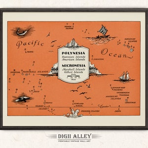 Karte der Inseln in Polynesien und Mikronesien - digitaler Download DRUCKBARE Spaß Vintage bildliche alte Illustration Wand Kunst Tropischer Strand