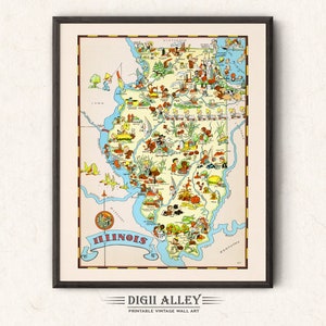 イリノイ州の楽しい州地図 - デジタルダウンロード印刷可能ヴィンテージ絵画古いイラストアドベンチャー壁アート装飾漫画ギフト